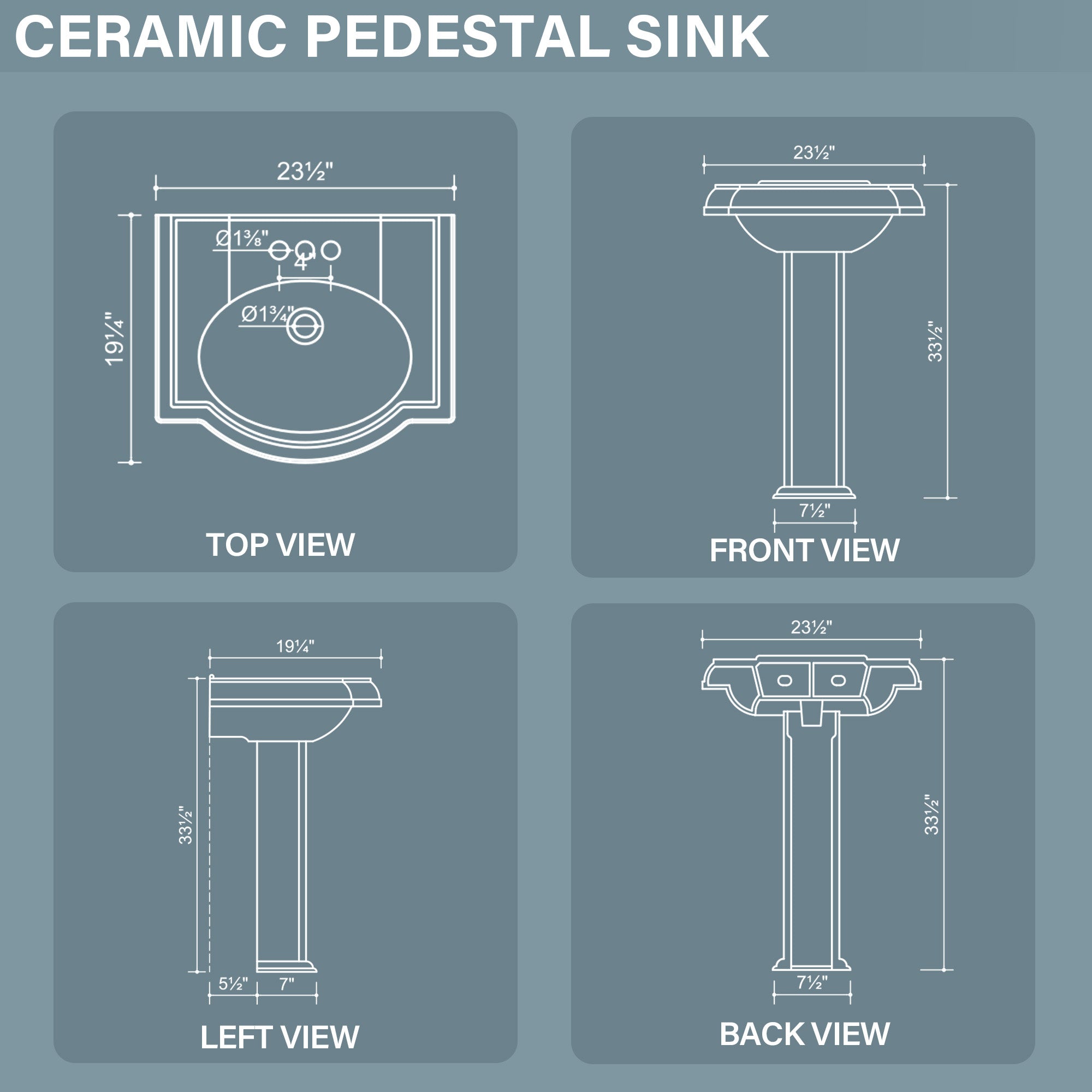 Pedestal Sink 23 Inch - 3 Hole Porcelain Pedestal Sink Combo for Bathroom, 23"Dx19"Wx33.5"H, White Color, with 1 Overflow Hole & 4 Inch 3 Faucet Hole