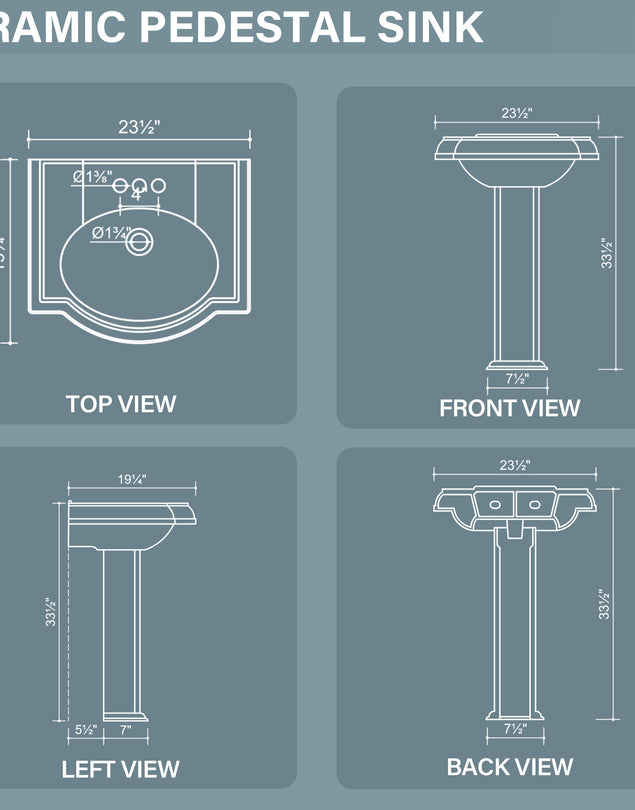 Pedestal Sink 23 Inch - 3 Hole Porcelain Pedestal Sink Combo for Bathroom, 23"Dx19"Wx33.5"H, White Color, with 1 Overflow Hole & 4 Inch 3 Faucet Hole