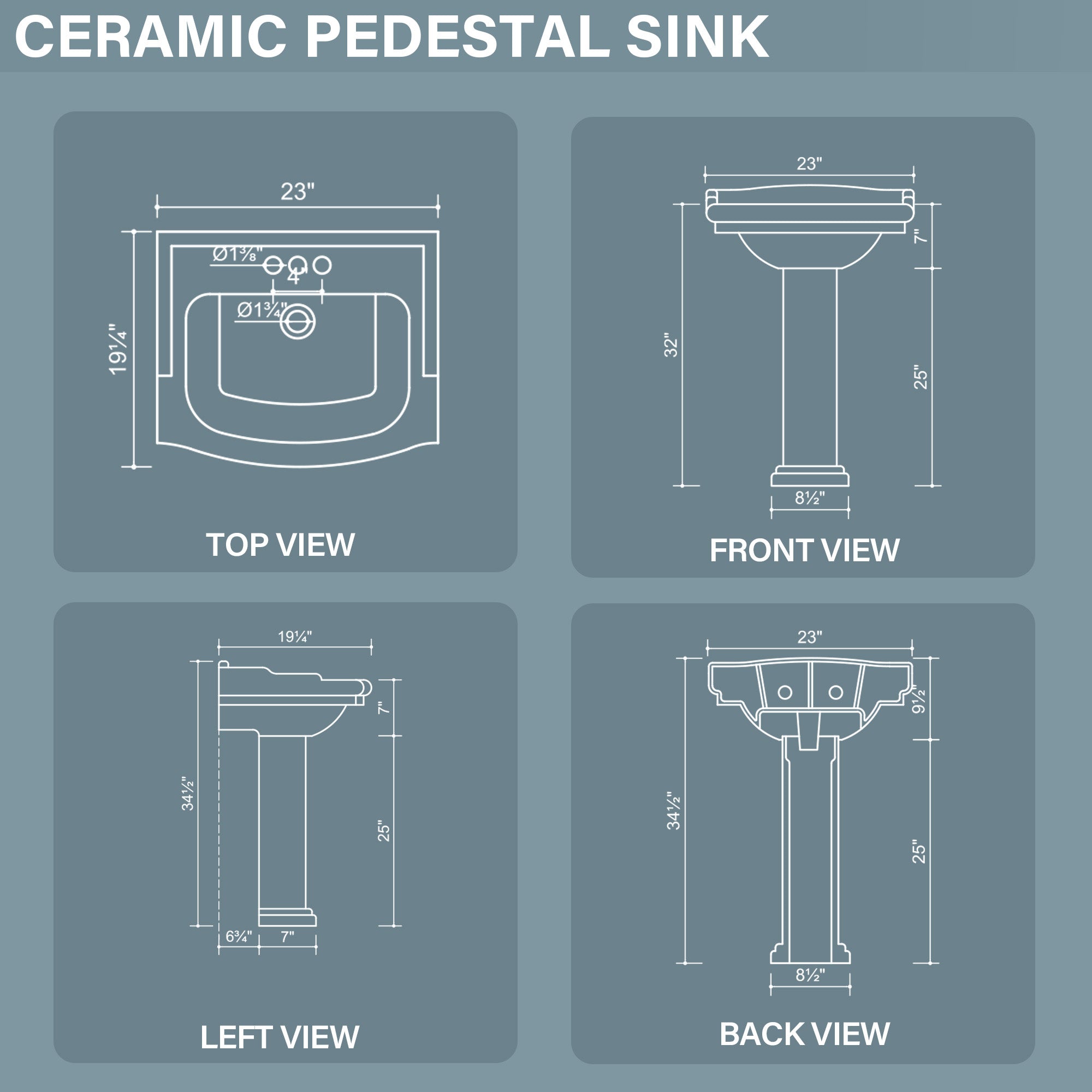 Pedestal Sink 23 Inch - 3 Hole Classic Vintage Porcelain Pedestal Sink Combo for Bathroom, 23"Dx19"Wx34"H, White, with Backsplash, 1 Overflow Hole & 3 Faucet Hole @ 4 Inch