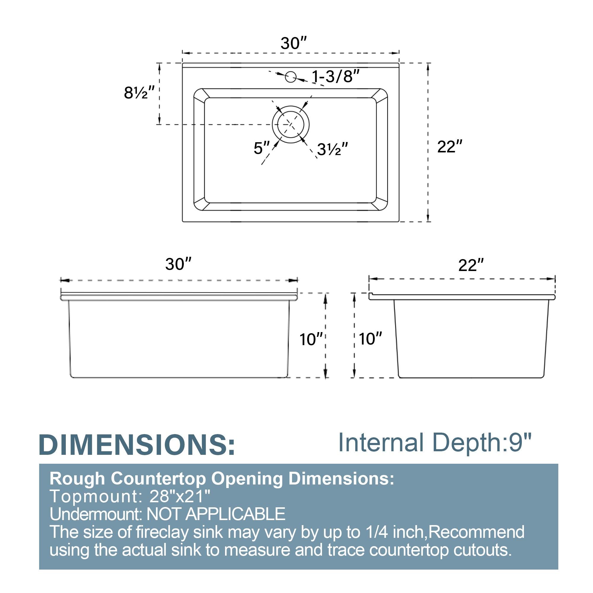 White Kitchen Sink 30 Inch 1 Hole - Outdoor Kitchen Sink Drop In 30"x22",9" Deep Laundry Sink,Fireclay Topmount Kitchen Sink Single Bowl, w Accessories,for Kitchen & Island & Outdoor & Laundry - Miuara LLC