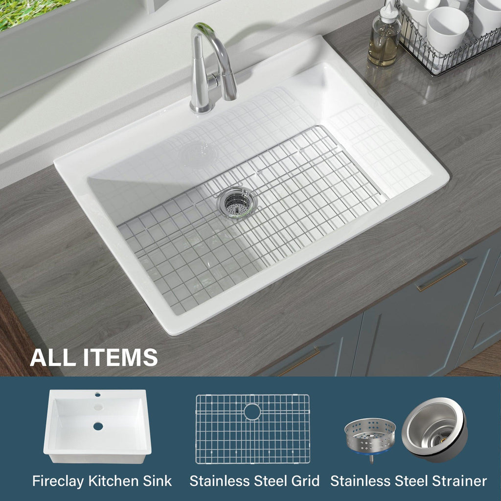 White Kitchen Sink 30 Inch 1 Hole - Outdoor Kitchen Sink Drop In 30"x22",9" Deep Laundry Sink,Fireclay Topmount Kitchen Sink Single Bowl, w Accessories,for Kitchen & Island & Outdoor & Laundry - Miuara LLC