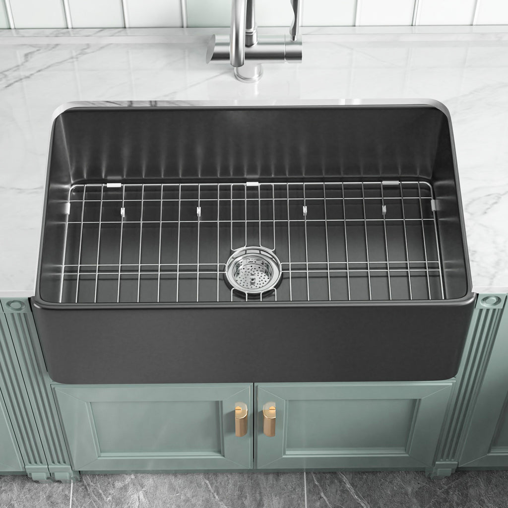  Black Farmhouse Sink 76.2 cm - Apron-front Undermount Double-sided Kitchen Sink, 76.2 cm × 45.7 cm × 25.4 cm, Farmhouse-style Single Bowl, Heavy-duty Solid Fireclay, Matte Black, Ideal for Kitchen