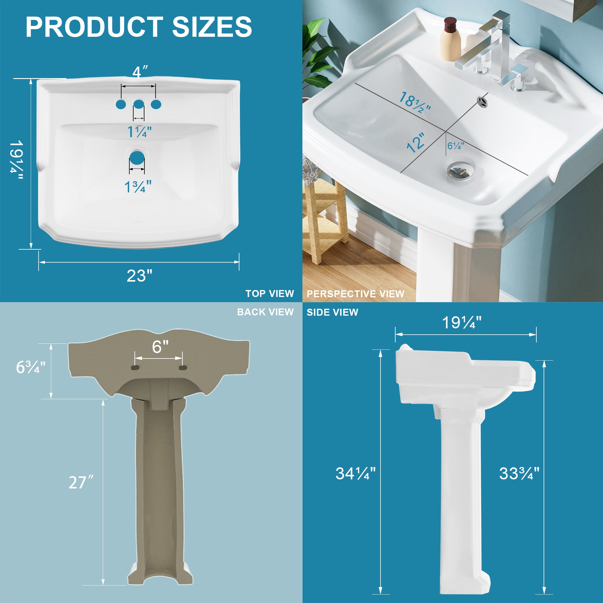Pedestal sink, 58.22 cm - 3 - hole vintage ceramic pedestal sink set, suitable for bathroom, 48.26 cm deep x 58.42 cm wide x 91.44 cm high, white, with splash guard, 1 overflow hole and 3 faucet holes.