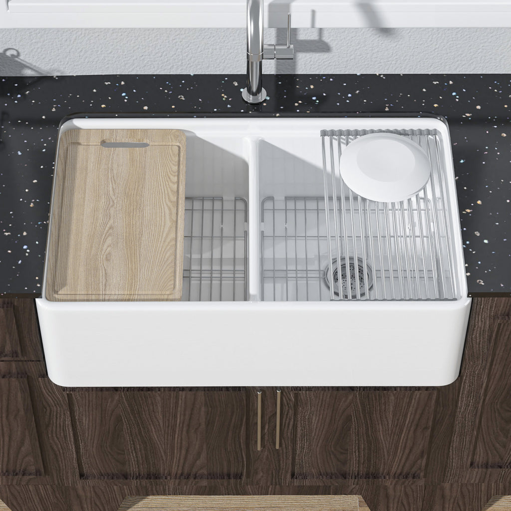 Farmhouse Workstation Sink, 76.2 cm, Suitable for Kitchen - White Apron-Front Fireclay Kitchen Sink, Double-Sided, 76.2 cm × 50.8 cm × 25.4 cm, Farmhouse-Style Heavy-Duty Deep Single Bowl