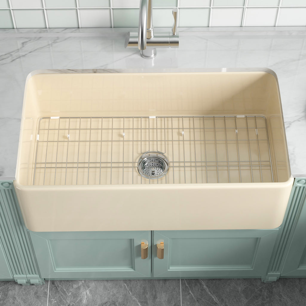 33-Inch Bone Color Farmhouse Kitchen Sink Double-Sided Apron-Front Design | Undermount Mounting | 33"×18"×10" Dimension | Heavy-Duty Solid Fireclay Construction | Perfect for Residential Kitchens