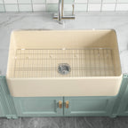 33-Inch Bone Color Farmhouse Kitchen Sink Double-Sided Apron-Front Design | Undermount Mounting | 33"×18"×10" Dimension | Heavy-Duty Solid Fireclay Construction | Perfect for Residential Kitchens