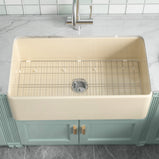 33-Inch Bone Color Farmhouse Kitchen Sink Double-Sided Apron-Front Design | Undermount Mounting | 33"×18"×10" Dimension | Heavy-Duty Solid Fireclay Construction | Perfect for Residential Kitchens