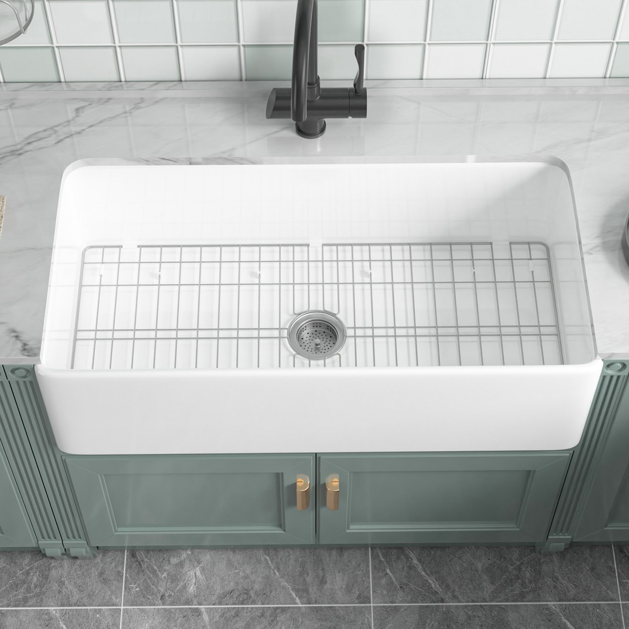 91.44cm Oversized Apron-Front Kitchen Sink   91.44cm × 45.72cm × 25.4cm double-sided apron-front single bowl, undermount installation. Made of solid fireclay in bright white, this farmhouse-style sink is durable and ideal for kitchens.