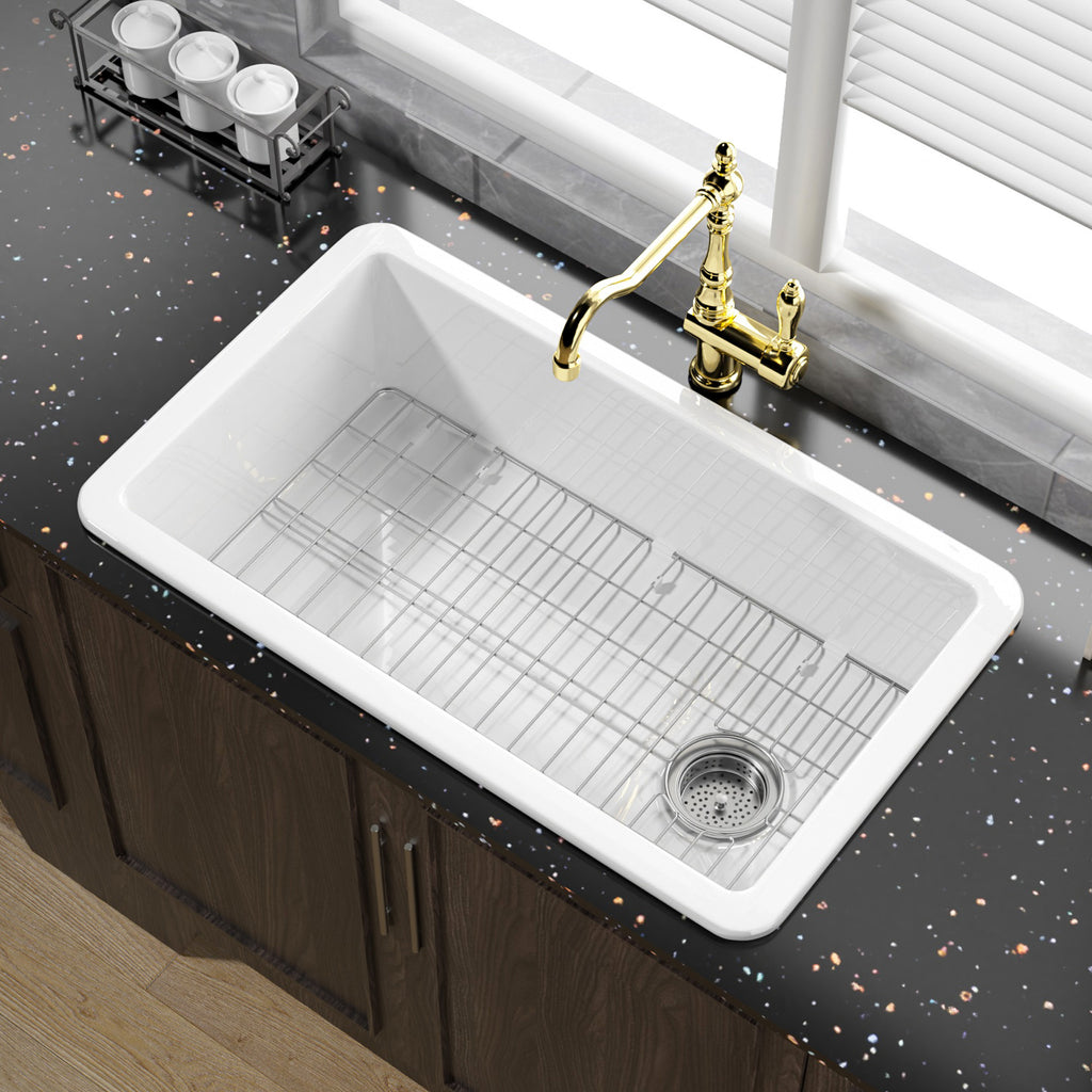 White Undermount Kitchen Sink 32 Inch - Large Topmount Fireclay Drop In Sink 32"x19"x10", Dual Mount Heavy Duty Deep Single Bowl, with 2 Custom Accessories, Glossy White, for Kitchen