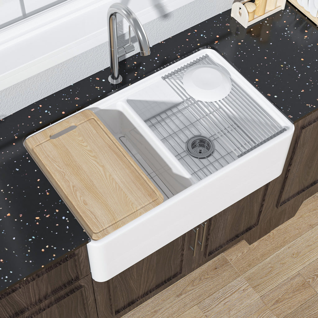 Farmhouse Workstation Sink, 76.2 cm, Suitable for Kitchen - White Apron-Front Fireclay Kitchen Sink, Double-Sided, 76.2 cm × 50.8 cm × 25.4 cm, Farmhouse-Style Heavy-Duty Deep Single Bowl