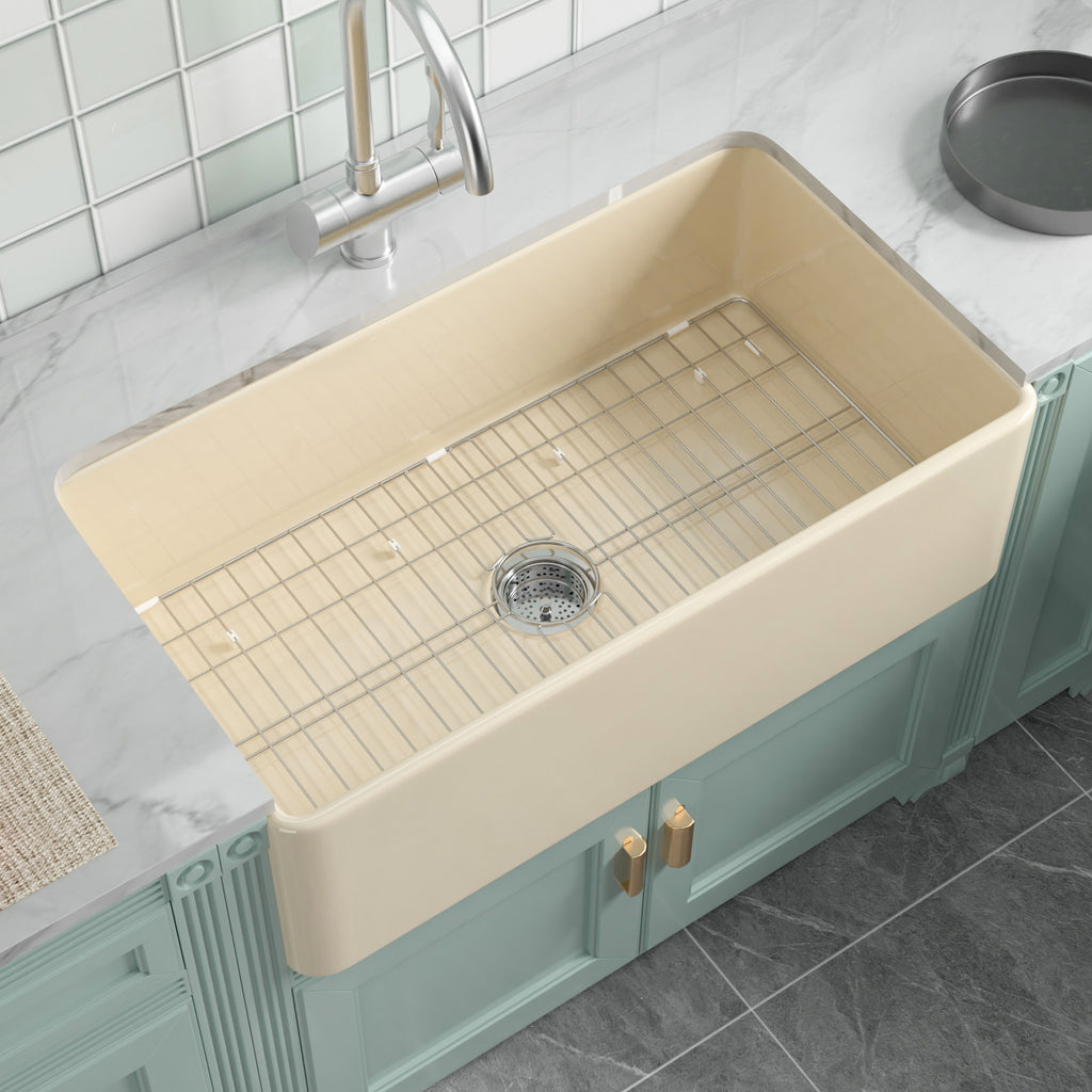 33-Inch Bone Color Farmhouse Kitchen Sink Double-Sided Apron-Front Design | Undermount Mounting | 33"×18"×10" Dimension | Heavy-Duty Solid Fireclay Construction | Perfect for Residential Kitchens