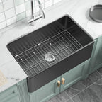  Black Farmhouse Sink 76.2 cm - Apron-front Undermount Double-sided Kitchen Sink, 76.2 cm × 45.7 cm × 25.4 cm, Farmhouse-style Single Bowl, Heavy-duty Solid Fireclay, Matte Black, Ideal for Kitchen