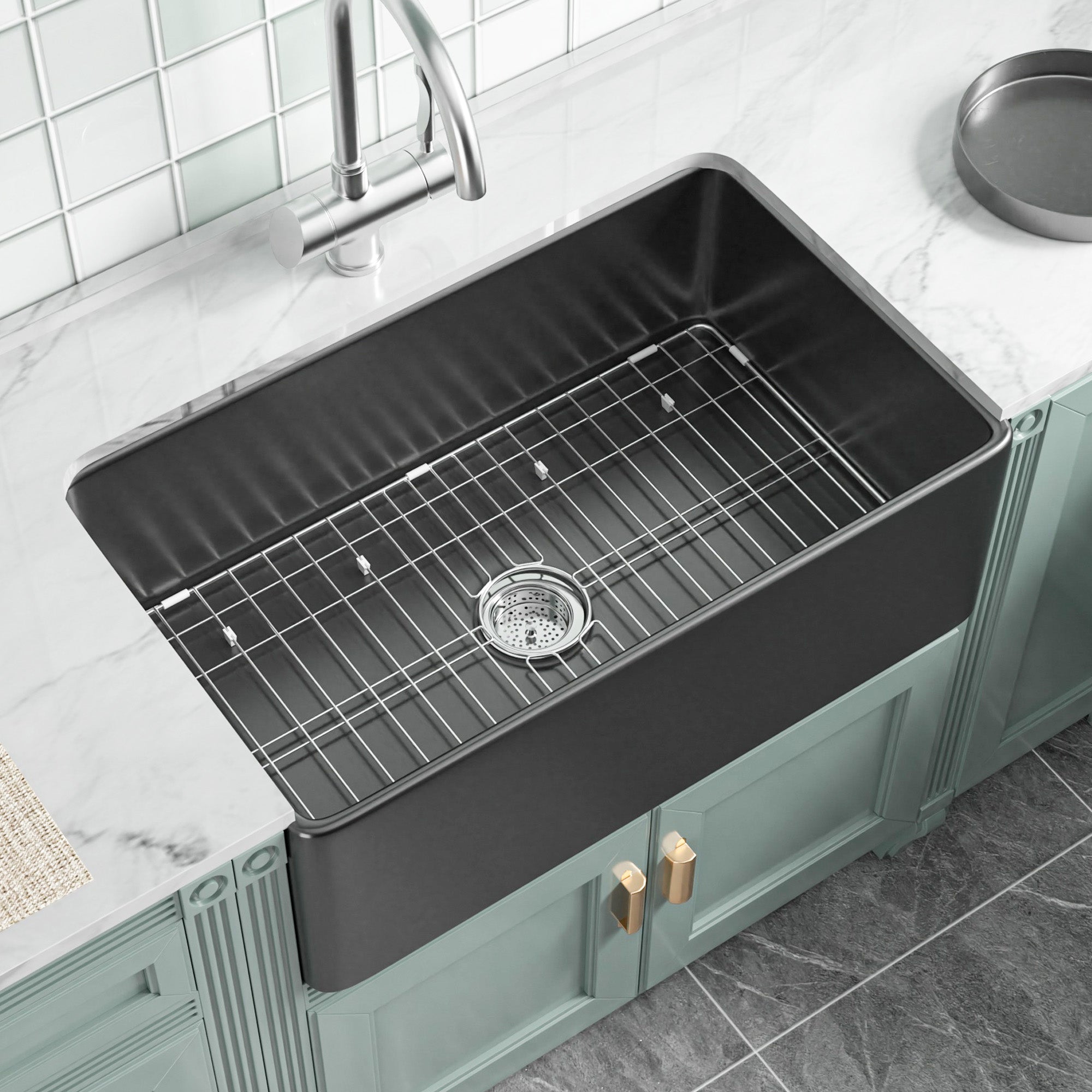  Black Farmhouse Sink 76.2 cm - Apron-front Undermount Double-sided Kitchen Sink, 76.2 cm × 45.7 cm × 25.4 cm, Farmhouse-style Single Bowl, Heavy-duty Solid Fireclay, Matte Black, Ideal for Kitchen