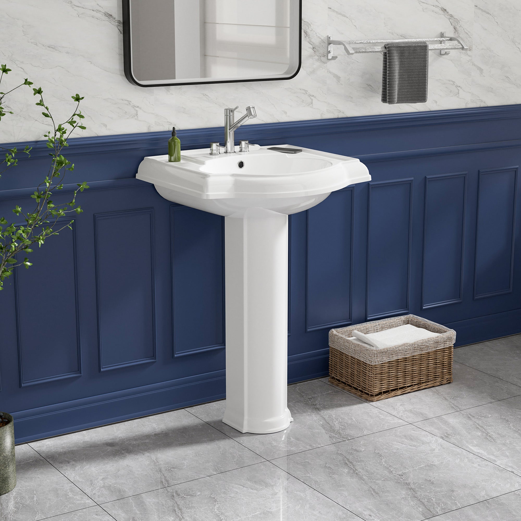 Pedestal Sink 23 Inch - 3 Hole Porcelain Pedestal Sink Combo for Bathroom, 23"Dx19"Wx33.5"H, White Color, with 1 Overflow Hole & 4 Inch 3 Faucet Hole