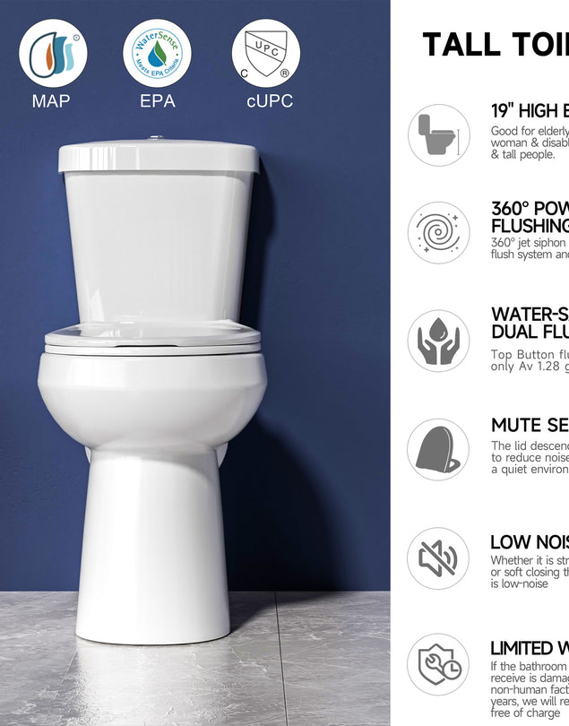 48.2cm Tall Comfort Toilet | ADA-Certified Dual Flush Water-Saving System | 30.5cm Rough-In Two-Piece Glossy White | Ideal for Small Bath Spaces & Elderly Users