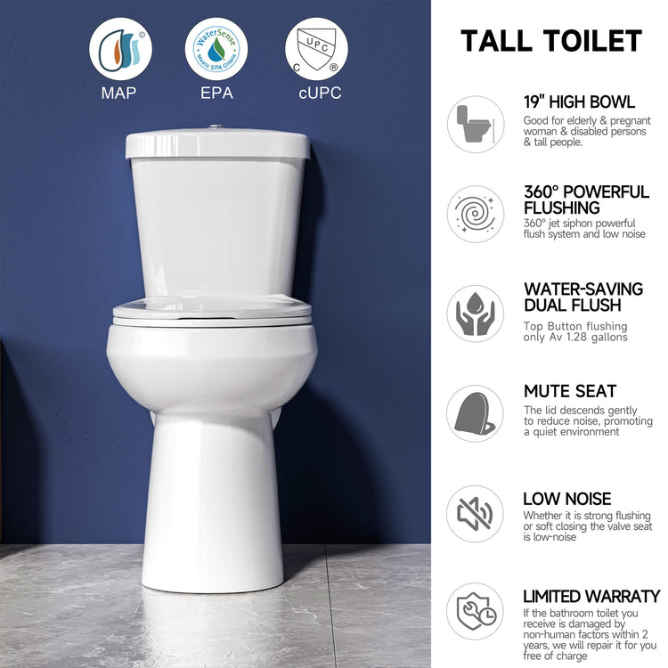 Compact Tall Toilet 20 Inch for Seniors - 1.1/1.6 GPF Dual Flush, Two Piece ADA High Toilet for Small Bathroom Space, 19 Inch Bowl Height, 20 Inch Seat Height, 12" Rough In, White