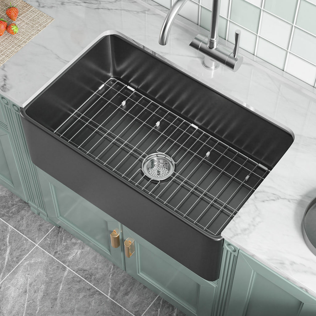  Black Farmhouse Sink 76.2 cm - Apron-front Undermount Double-sided Kitchen Sink, 76.2 cm × 45.7 cm × 25.4 cm, Farmhouse-style Single Bowl, Heavy-duty Solid Fireclay, Matte Black, Ideal for Kitchen