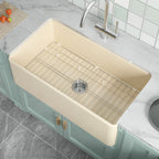 33-Inch Bone Color Farmhouse Kitchen Sink Double-Sided Apron-Front Design | Undermount Mounting | 33"×18"×10" Dimension | Heavy-Duty Solid Fireclay Construction | Perfect for Residential Kitchens