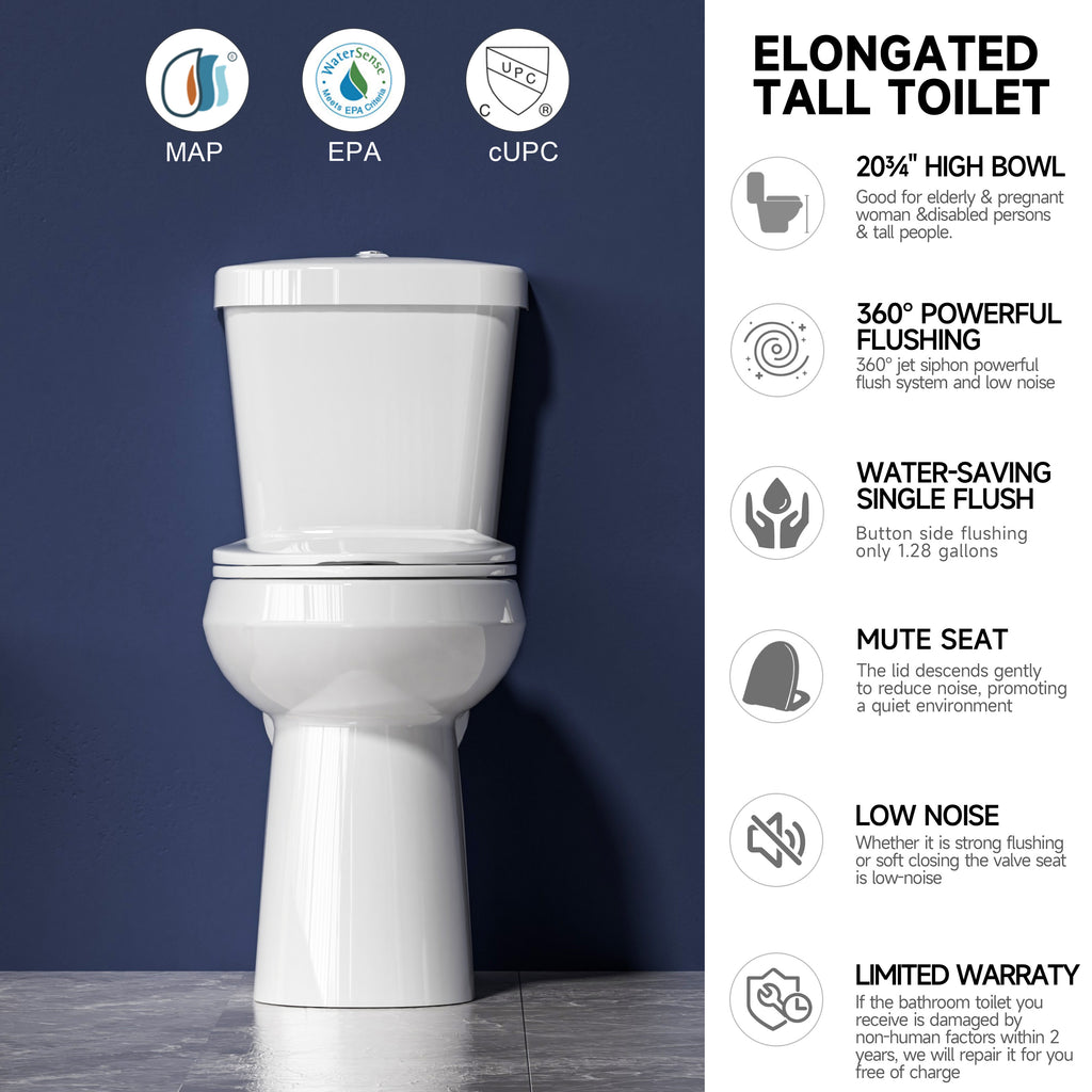  Extra Tall 22" Comfort Height Toilet for Seniors – Elongated, Dual Flush 1.1/1.6 GPF, 12" Rough-In, Two-Piece Bathroom Toilet