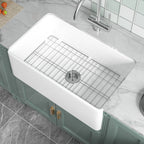 76.2 cm Bright White Farmhouse Kitchen Sink Apron Front Undermount Installation, Double-sided Structure, Dimensions 76.2 cm × 45.7 cm × 25.4 cm | Single Bowl, Heavy-duty Solid Fireclay Construction | Perfect for Residential Kitchens