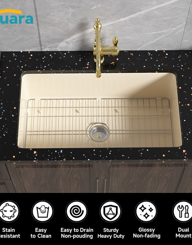Click to see full view      4+  2 VIDEOS Fireclay Undermount Kitchen Sink 32 Inch Bone Color - Large Topmount Drop In Sink 32"x19"x10", Dual Mount Heavy Duty Deep Single Bowl, w 2 Custom Accessories, for Kitchen & Island