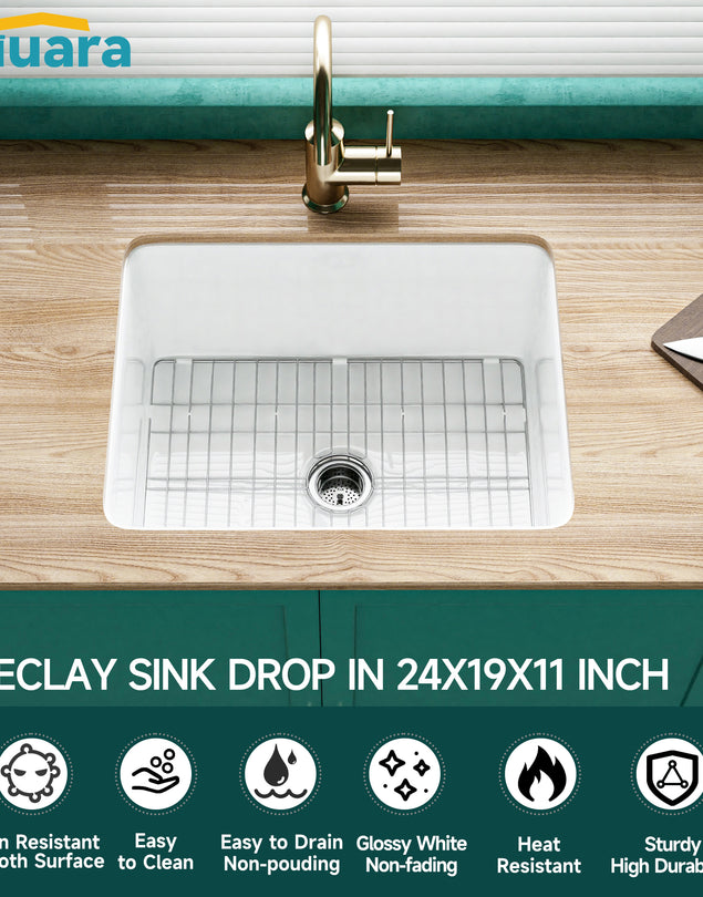 White Undermount Kitchen Sink 24 Inch - Small Topmount Fireclay Bar Sink Drop In 24"x19"x11", Dual Mount Deep Single Bowl, w 2 Accessories, Glossy White, for Kitchen & Laundry & Small Space