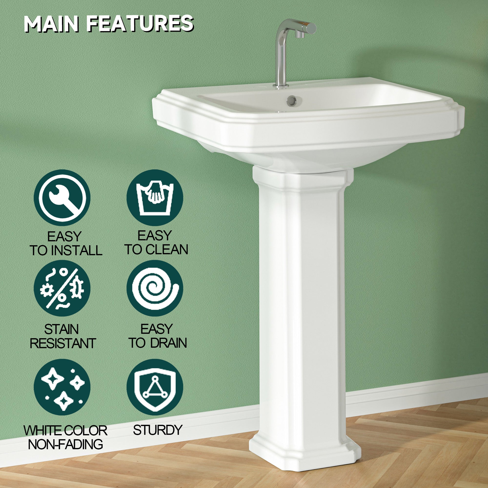 Pedestal Sink 23 Inch - 1 Hole Porcelain Pedestal Sink Combo for Bathroom, 23"Dx19"Wx36"H, White Color, with Backsplash, 1 Overflow Hole & 1 Faucet Hole