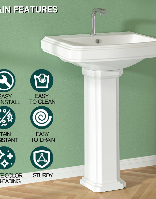 Pedestal Sink 23 Inch - 1 Hole Porcelain Pedestal Sink Combo for Bathroom, 23"Dx19"Wx36"H, White Color, with Backsplash, 1 Overflow Hole & 1 Faucet Hole