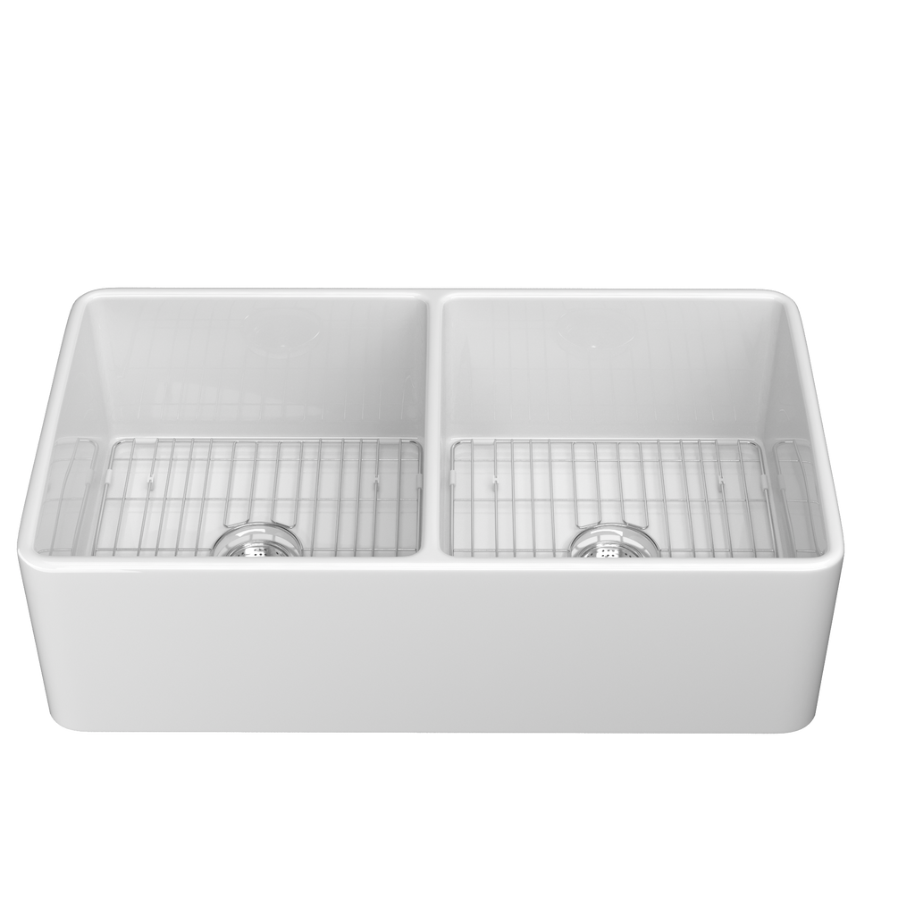 33" White Double-Bowl Farmhouse Apron-Front Sink Reversible Apron Design | 83.82×45.72×25.40 cm | Undermount Mounting | 50/50 Split Bowls | Heavy-Duty Solid Fireclay Construction | Perfect for Home Kitchens