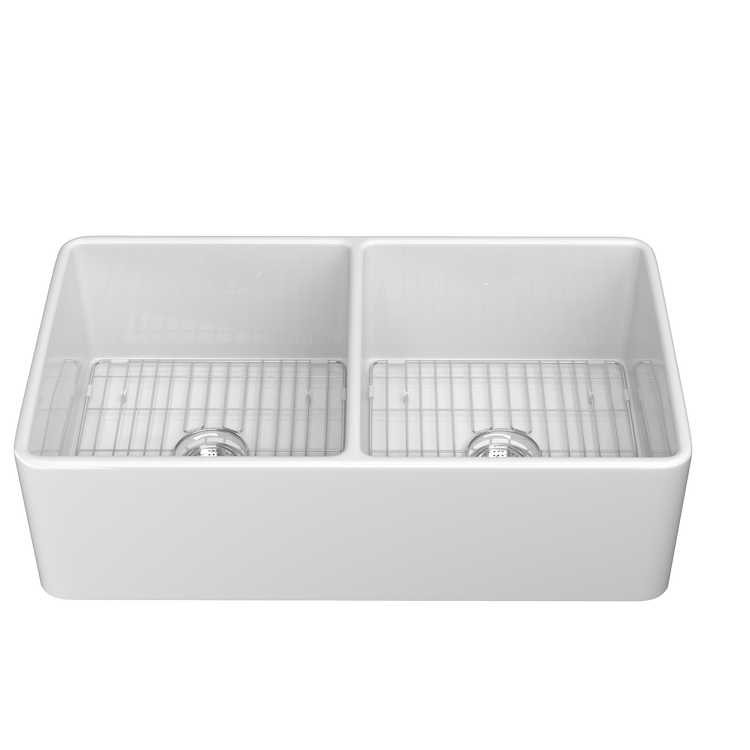 33" White Double-Bowl Farmhouse Apron-Front Sink Reversible Apron Design | 83.82×45.72×25.40 cm | Undermount Mounting | 50/50 Split Bowls | Heavy-Duty Solid Fireclay Construction | Perfect for Home Kitchens