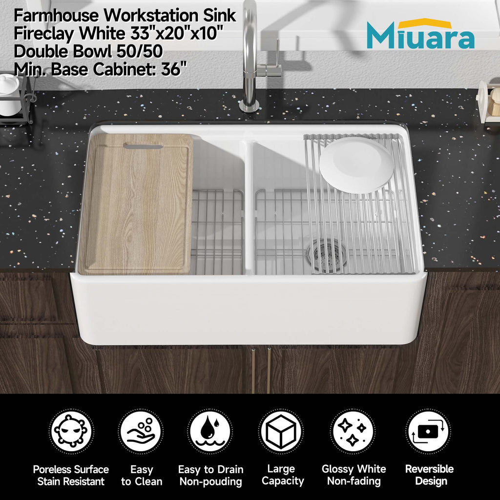 Farmhouse Workstation Sink, 76.2 cm, Suitable for Kitchen - White Apron-Front Fireclay Kitchen Sink, Double-Sided, 76.2 cm × 50.8 cm × 25.4 cm, Farmhouse-Style Heavy-Duty Deep Single Bowl