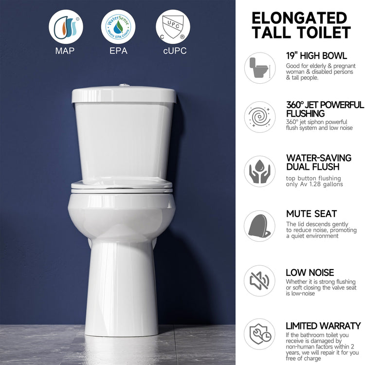 Elongated Tall Toilet 20 Inch for Seniors - 1.1/1.6 GPF Dual Flush Two Piece ADA High Toilet for Bathroom, 19 Inch Bowl Height, 20 Inch Seat Height, 12" Rough In, White