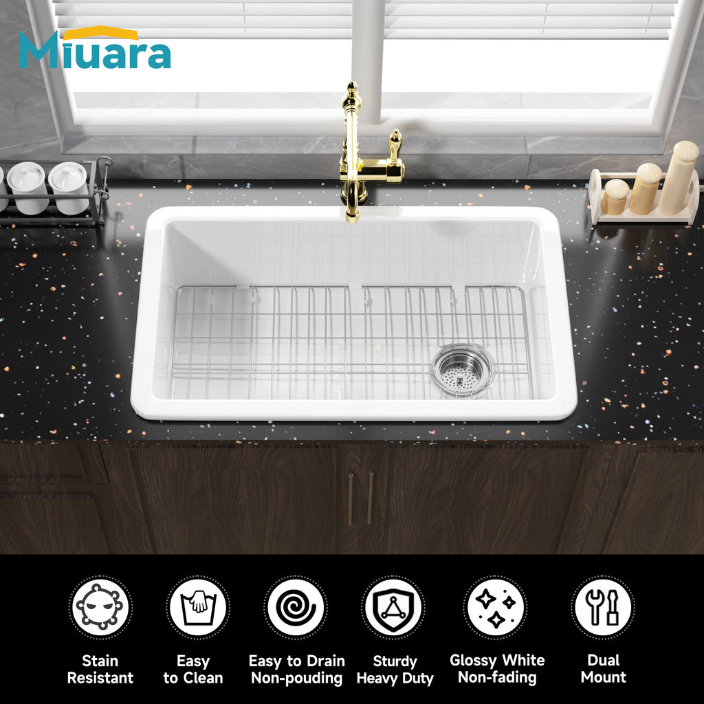 White Undermount Kitchen Sink 32 Inch - Large Topmount Fireclay Drop In Sink 32"x19"x10", Dual Mount Heavy Duty Deep Single Bowl, with 2 Custom Accessories, Glossy White, for Kitchen