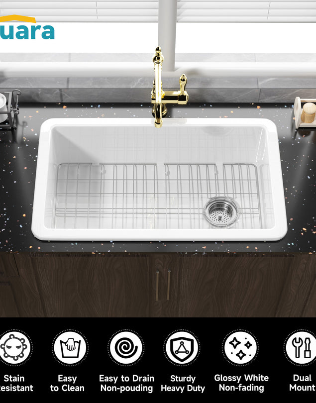 White Undermount Kitchen Sink 32 Inch - Large Topmount Fireclay Drop In Sink 32"x19"x10", Dual Mount Heavy Duty Deep Single Bowl, with 2 Custom Accessories, Glossy White, for Kitchen
