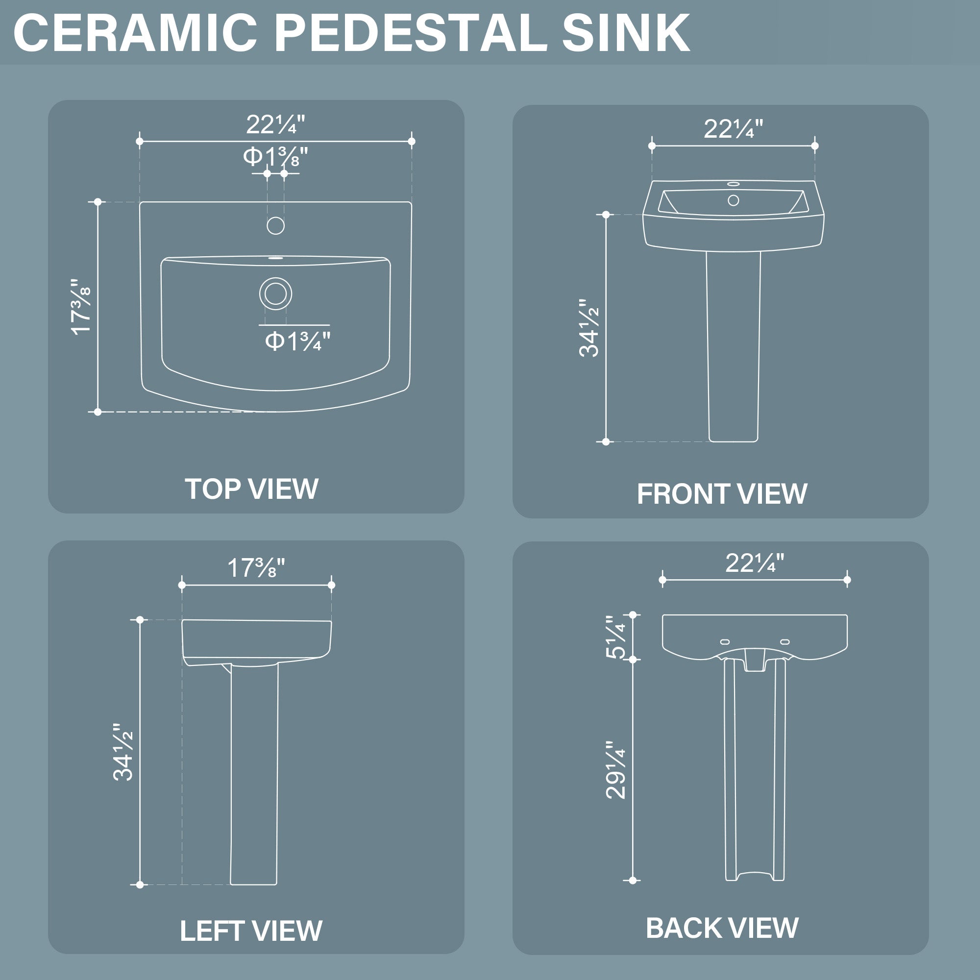 Pedestal Sink 22 Inch - 1 Hole Porcelain Pedestal Sink Combo for Bathroom, 22"Dx17"Wx34.5"H, Bone  Color, with 1 Overflow Hole & 1 Faucet Hole