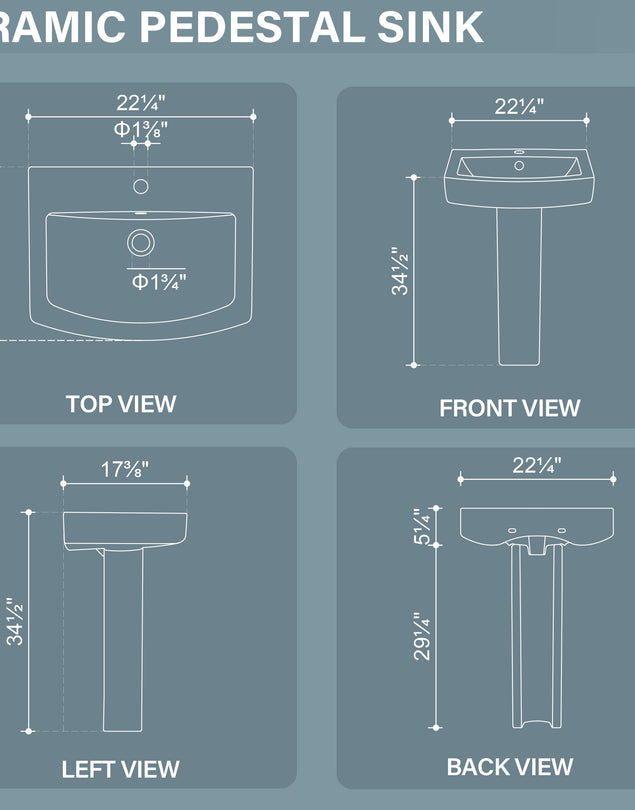 Pedestal Sink 22 Inch - 1 Hole Porcelain Pedestal Sink Combo for Bathroom, 22"Dx17"Wx34.5"H, Bone  Color, with 1 Overflow Hole & 1 Faucet Hole