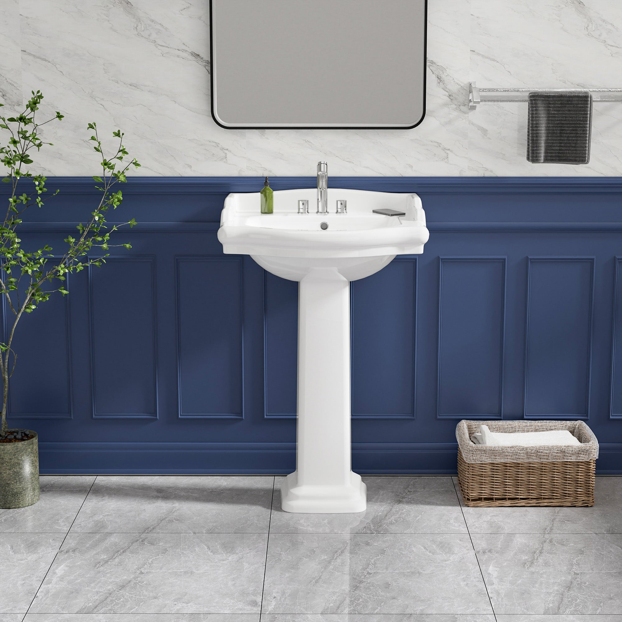 Pedestal Sink 23 Inch - 3 Hole Classic Vintage Porcelain Pedestal Sink Combo for Bathroom, 23"Dx19"Wx34"H, White, with Backsplash, 1 Overflow Hole & 3 Faucet Hole @ 4 Inch