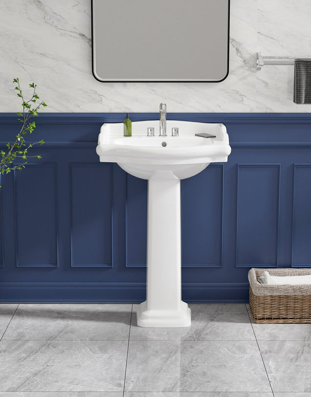 Pedestal Sink 23 Inch - 3 Hole Classic Vintage Porcelain Pedestal Sink Combo for Bathroom, 23"Dx19"Wx34"H, White, with Backsplash, 1 Overflow Hole & 3 Faucet Hole @ 4 Inch