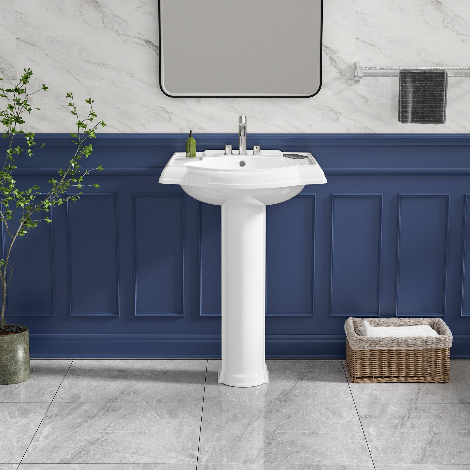 Pedestal Sink 23 Inch - 3 Hole Porcelain Pedestal Sink Combo for Bathroom, 23"Dx19"Wx33.5"H, White Color, with 1 Overflow Hole & 4 Inch 3 Faucet Hole