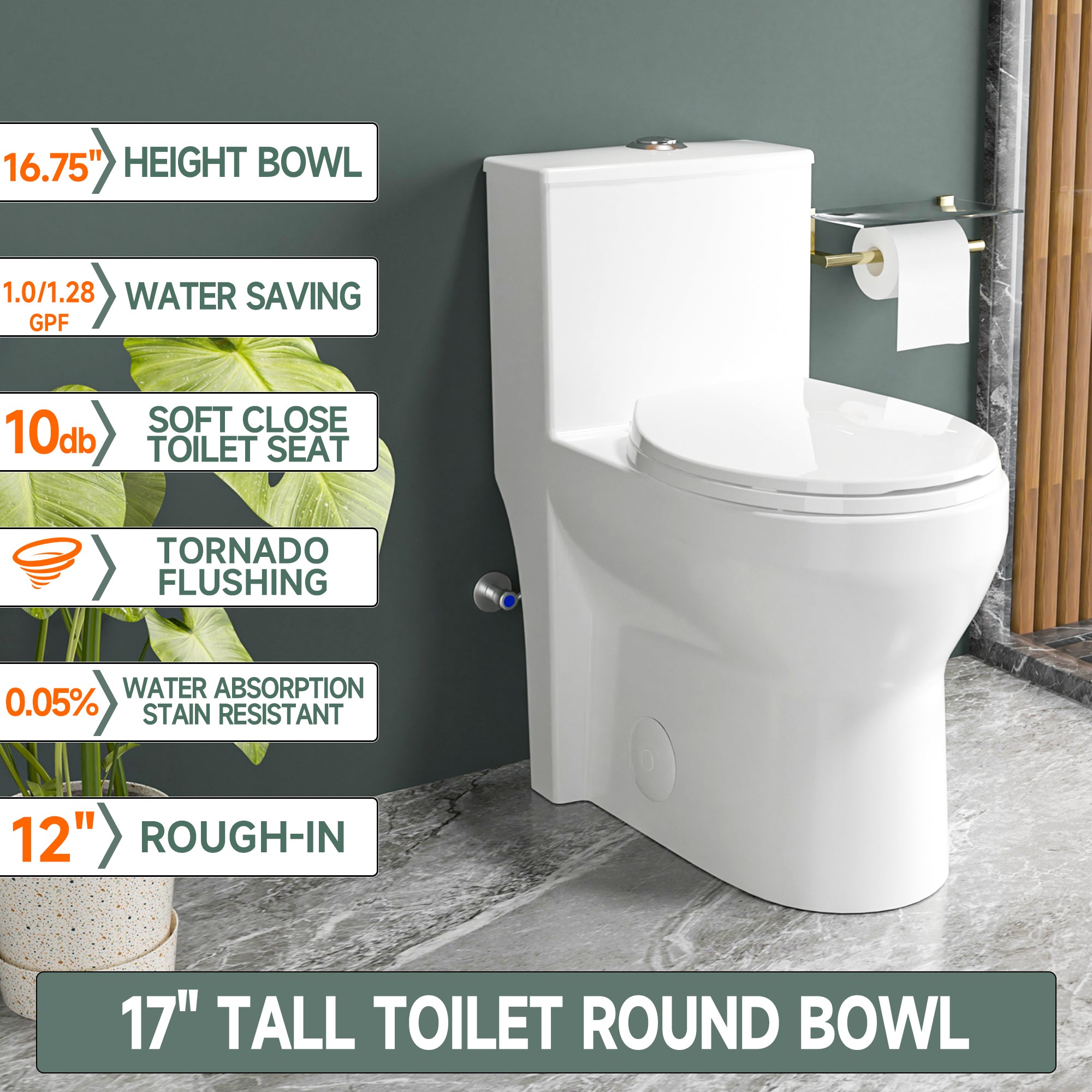 Compact One Piece Toilets for Small Bathroom Space, Modern Toilet with 17 Inch ADA Comfort Seat Height, 1.0/1.28 GPF Tornado Dual Flush,12 Inch Rougn In
