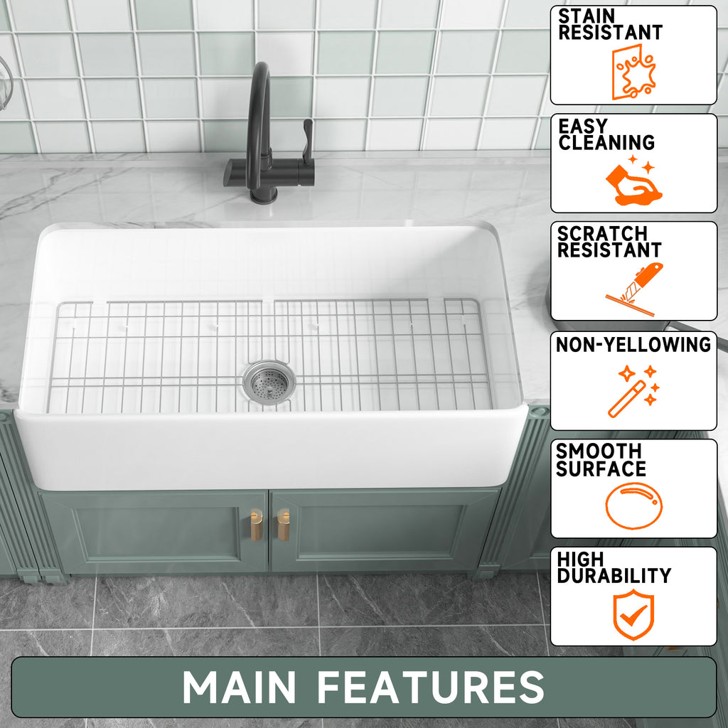 91.44cm Oversized Apron-Front Kitchen Sink   91.44cm × 45.72cm × 25.4cm double-sided apron-front single bowl, undermount installation. Made of solid fireclay in bright white, this farmhouse-style sink is durable and ideal for kitchens.