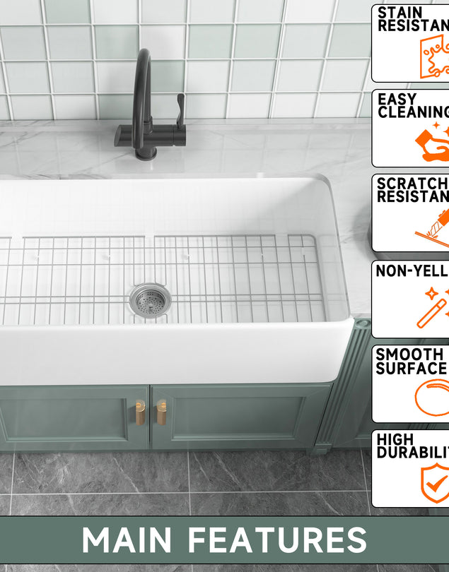 91.44cm Oversized Apron-Front Kitchen Sink   91.44cm × 45.72cm × 25.4cm double-sided apron-front single bowl, undermount installation. Made of solid fireclay in bright white, this farmhouse-style sink is durable and ideal for kitchens.