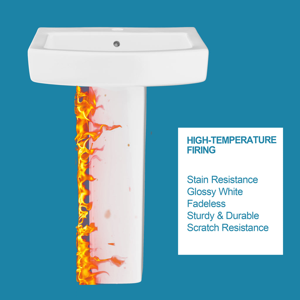 Pedestal Sink: 55.88 cm Single-Hole Ceramic Base Sink Combo for Bathroom, 55.88 cm Depth × 43.18 cm Width × 86.96 cm Height, White, with 1 Overflow Hole and 1 Faucet Hole