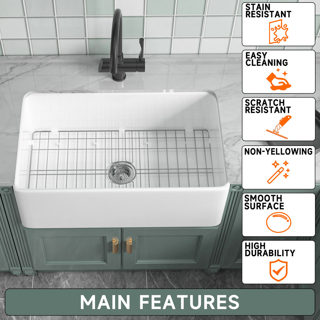76.2 cm Bright White Farmhouse Kitchen Sink Apron Front Undermount Installation, Double-sided Structure, Dimensions 76.2 cm × 45.7 cm × 25.4 cm | Single Bowl, Heavy-duty Solid Fireclay Construction | Perfect for Residential Kitchens