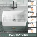 76.2 cm Bright White Farmhouse Kitchen Sink Apron Front Undermount Installation, Double-sided Structure, Dimensions 76.2 cm × 45.7 cm × 25.4 cm | Single Bowl, Heavy-duty Solid Fireclay Construction | Perfect for Residential Kitchens