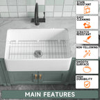 White Farmhouse Sink 33 Inch - Large Apron-Front Single Bowl Kitchen Sink 33inch × 18inch × 10inch, Undermount Installation, Farmhouse Style, Heavy-Duty Solid Fireclay, Matte White, Ideal for Kitchen Use