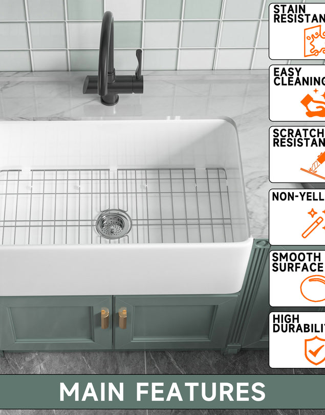 White Farmhouse Sink 33 Inch - Large Apron-Front Single Bowl Kitchen Sink 33inch × 18inch × 10inch, Undermount Installation, Farmhouse Style, Heavy-Duty Solid Fireclay, Matte White, Ideal for Kitchen Use