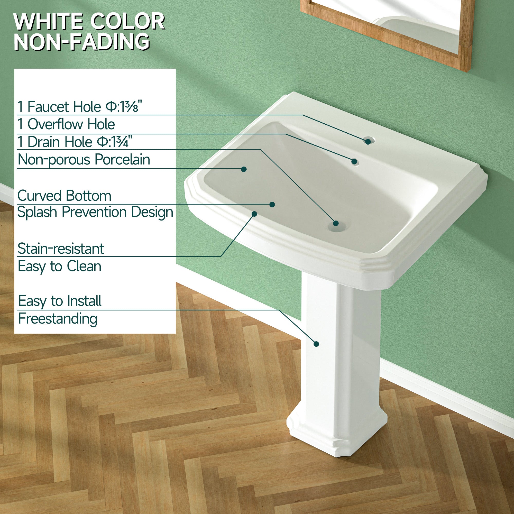 Pedestal Sink 23 Inch - 1 Hole Porcelain Pedestal Sink Combo for Bathroom, 23"Dx19"Wx36"H, White Color, with Backsplash, 1 Overflow Hole & 1 Faucet Hole