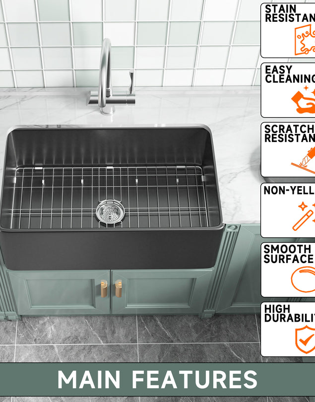  Black Farmhouse Sink 76.2 cm - Apron-front Undermount Double-sided Kitchen Sink, 76.2 cm × 45.7 cm × 25.4 cm, Farmhouse-style Single Bowl, Heavy-duty Solid Fireclay, Matte Black, Ideal for Kitchen