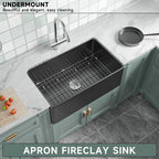  Black Farmhouse Sink 76.2 cm - Apron-front Undermount Double-sided Kitchen Sink, 76.2 cm × 45.7 cm × 25.4 cm, Farmhouse-style Single Bowl, Heavy-duty Solid Fireclay, Matte Black, Ideal for Kitchen